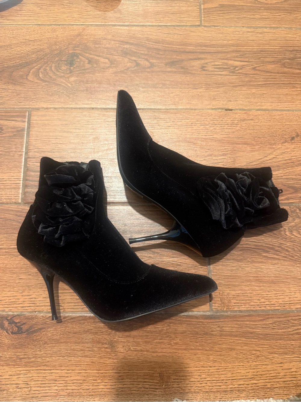 Jeffrey Campbell Florette Elegant Black Velvet Ankle Boots with Floral Accent